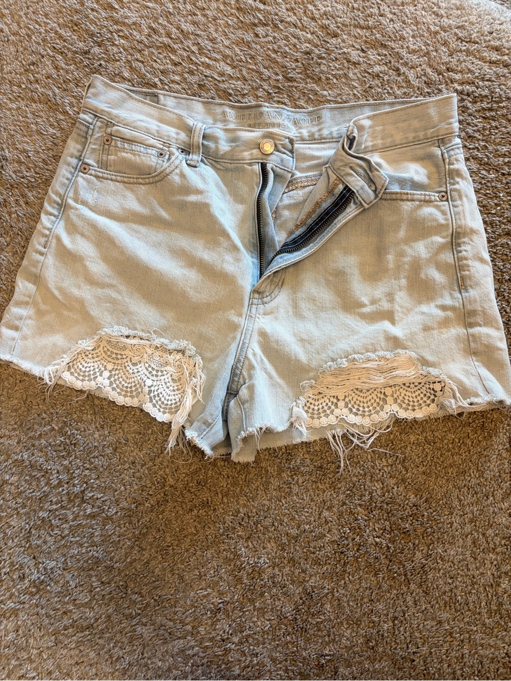 American Eagle Outfitters Light Blue Denim Shorts with White Lace Trim